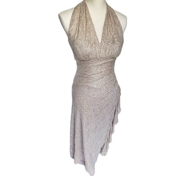 Vintage 90's Cach'e Gold Sparkly Halter Side Ruffle Maxi Dress Women's Small 4 - Picture 1 of 13